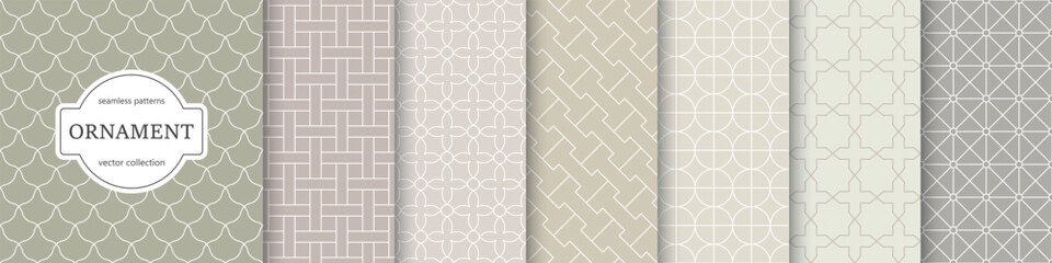 Collection of geometric ornament neutral color seamless patterns. Beige tile oriental decorative prints. Abstract elegant repeatable delicate backgrounds - 744650905