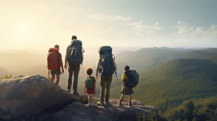 Family with children in the forest. They walk through the forest enjoying the smell of nature and the view of mountains. Family hiking concept. - obrazy, fototapety, plakaty