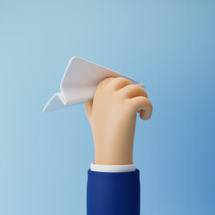Businessman cartoon hand holding paper plane isolated over blue background. 3d rendering.