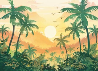 Fototapeta na wymiar Sunset in jungle with palm trees, birds flying in sky
