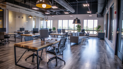 Modern Co-working Space Design, Wide Open Office Layout with Stylish Furniture and Natural Light, Contemporary Work Environment, Spacious and Inviting Shared Workspace with Individual and Group Areas