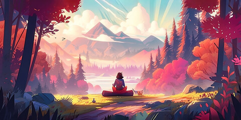 Woman meditating in yoga lotus pose in gorgeous forest colorful landscape with lake and mountains illustration - obrazy, fototapety, plakaty