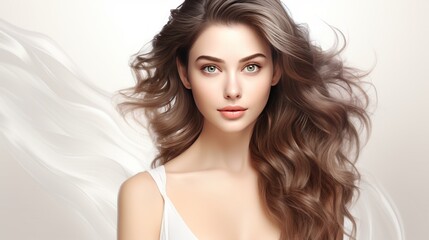 Naklejka premium Beautiful young woman with glowing skin Has a luxurious aura blonde brown hair Suitable for medical spa website banner. on a white background This makes it ideal for promoting medical spas.