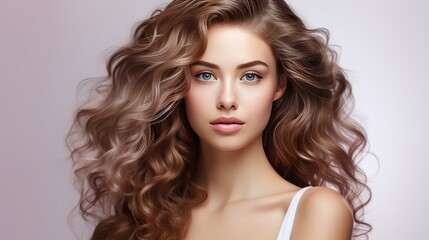 Fototapeta premium Beautiful young woman with glowing skin Has a luxurious aura blonde brown hair Suitable for medical spa website banner. on a white background This makes it ideal for promoting medical spas.