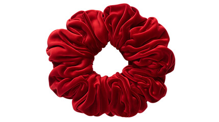 A red silk scrunchie, isolated on a transparent background.