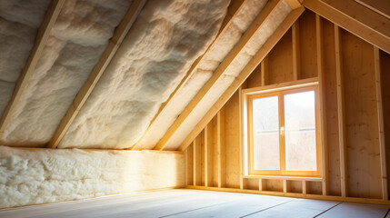 Fototapeta premium attic insulation with mineral wool. environment concept. heat reduction