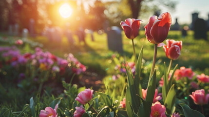 Celebrating Memorial Day, Planting flowers on the graves of loved ones. - obrazy, fototapety, plakaty