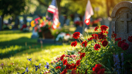 Celebrating Memorial Day, Planting flowers on the graves of loved ones. - obrazy, fototapety, plakaty