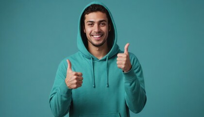 A content man in a teal hoodie gives a thumbs up, his friendly smile matching the teal background. - obrazy, fototapety, plakaty