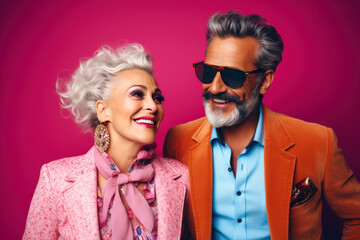 Obraz premium Stylish senior couple rocking bold fashion against a vibrant pink backdrop