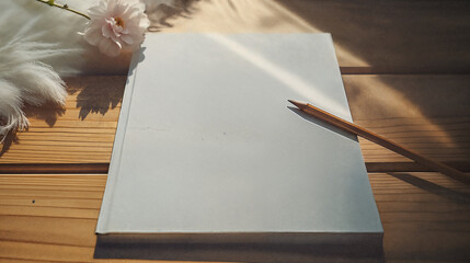 A white book on table with a pencil on it