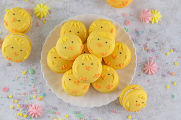 Cute Easter chick macarons. French macarons with vanilla cream and lemon curd on a concrete background. Funny food idea. Copy space.