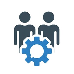 icon with two human figures standing side by side, Between them is a blue gear or cog symbol