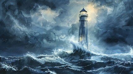 Fototapeta na wymiar Beacon of Hope: Watercolor Lighthouse Refuge