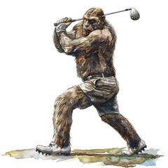 Bigfoot Characters Playing Golf Illustration

