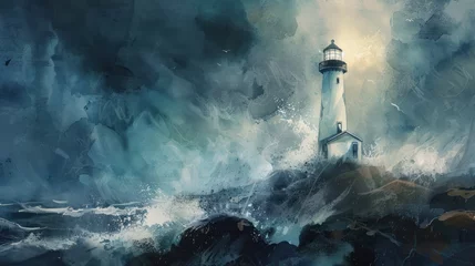 Foto op Canvas Harbor Haven: Watercolor Lighthouse Serenity © Wavezaa