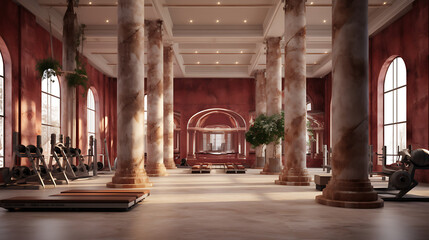 A gym interior inspired by ancient Rome, with Roman column architecture and gladiator-themed...