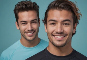 Fototapeta na wymiar Two cheerful young men in matching teal shirts, smiling confidently at the camera.