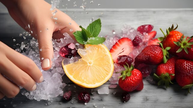 Close-up of female hands pouring water on fresh strawberries and lemon