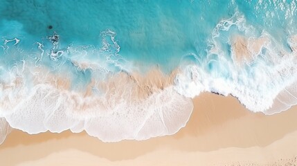 Aerial close up shot of tranquil ocean waves gently rolling in on sandy beach shore