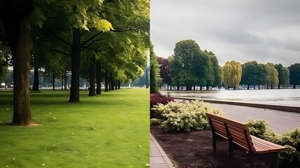 Beautiful panoramic image of a park with a bench.