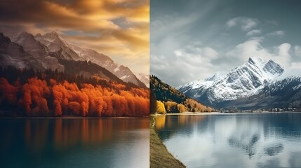 Collage of autumn landscape with colorful mountains and lake. Panoramic image