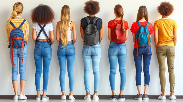 Group of Women in Jeans with Colorful Backpacks