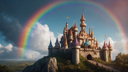 Whimsical fairy tale castle in a magical kingdom with turrets, drawbridges, and a rainbow in the sky. Suitable for children's stories. 