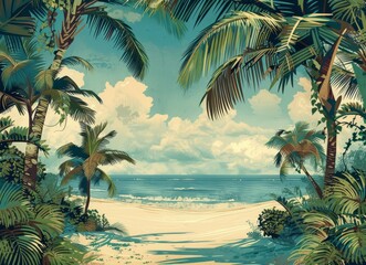 Natural landscape with palm trees, ocean, and greenery under a cloudy sky