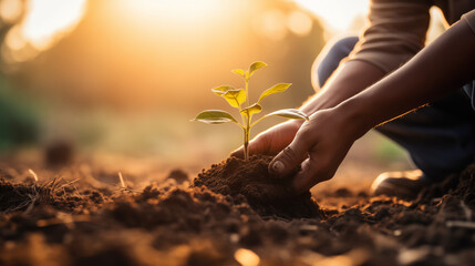 Hands nurturing a young plant in fertile soil against a warm sunset, symbolizing growth and care
