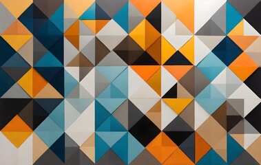 Geometric abstract art composition. Against a backdrop of subtle gradients, squares, rectangles and triangles converge to create a harmonious fusion of form and color.