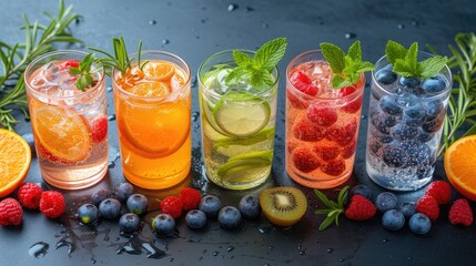 Variety of fresh fruit infused waters displayed with garnishes and scattered berries on a dark...
