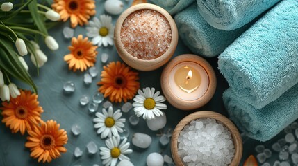 Fototapeta na wymiar A serene spa setup featuring sea salt, lit candles, fresh flowers, and fluffy towels, embodying tranquility and self-care.