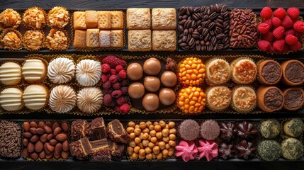 An exquisite display of various sweets, chocolates, and confections neatly organized on a dark wooden surface.
