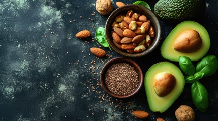 Perfect for nutrition-conscious individuals, a selection of fresh organic superfoods such as avocado, nuts, and seeds is presented from a top view on a dark textured background.