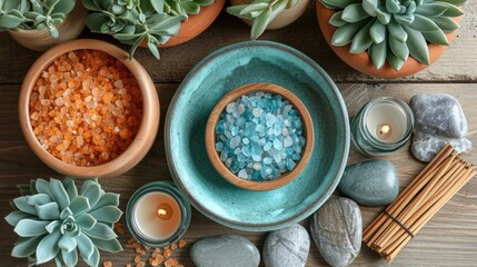 Fototapeta na wymiar Relaxing spa arrangement with bowls of colored bath salts, scented candles, succulent plants, and natural pebbles on a wooden surface.