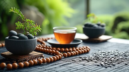 Resting on a weathered wooden table, a serene tea setup includes a cup of fragrant tea paired with a succulent plant and wooden prayer beads, instilling a feeling of peace and tranquility. - obrazy, fototapety, plakaty