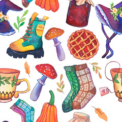 Watercolor pattern festive and hand drawn, autumn watercolor pattern