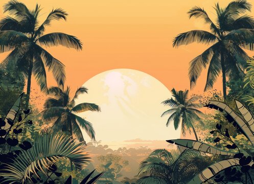 A tropical sunset painting with palm trees, a large sun, and vibrant sky