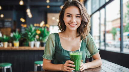 Young woman enjoys refreshing green smoothie in modern cafe, embodying lifestyle of wellness and health. Relaxed posture and casual attire reflect an afternoon of leisure - obrazy, fototapety, plakaty