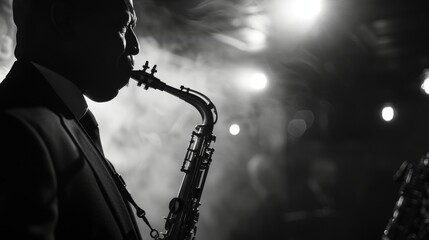 Silhouette of a male jazz musician playing the saxophone under a concert spotlight with a monochrome aesthetic. - obrazy, fototapety, plakaty