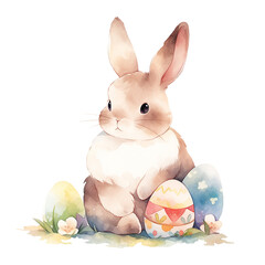 Watercolor hand-painted illustration of an cute Easter bunny with colored Easter eggs and small flowers. Isolated on a white background