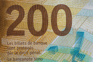 Closeup of 200 Swiss franc banknote