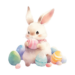 Watercolor hand-painted illustration of an cute small Easter bunny with colored Easter eggs. Isolated on a transparent background