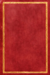 The red leather cover of an old ancient book, worn out aged surface, empty blank with a golden frame.
