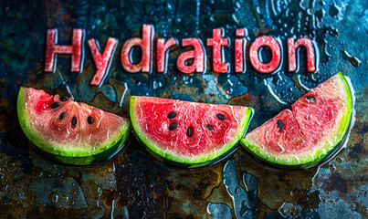 Fresh watermelon slices on a wet surface with Hydration spelled out in bold red letters, highlighting the importance of hydrating with fruits