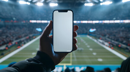 Man fan hands holding isolated smartphone device at football stadium game with blank empty white screen, sports betting concept - obrazy, fototapety, plakaty