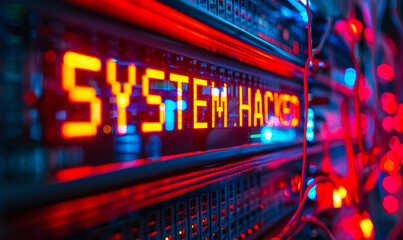 Alarming SYSTEM HACKED alert flashing on a server data panel, illustrating a cyber security breach with glowing lines of vulnerable code