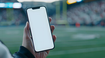 Man fan hands holding isolated smartphone device at football stadium game with blank empty white screen, sports betting concept