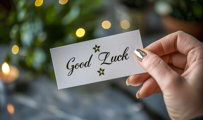 Hand holding a Good Luck card with elegant script font, a gesture of encouragement and positivity, wishing success and fortune, ideal for new beginnings and challenges